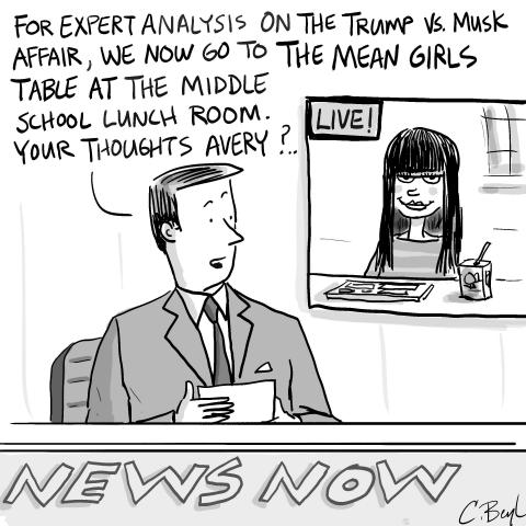 News anchor speaking on the Trump vs. Musk affair cuts to a middle school "mean girl" for expert analysis. 