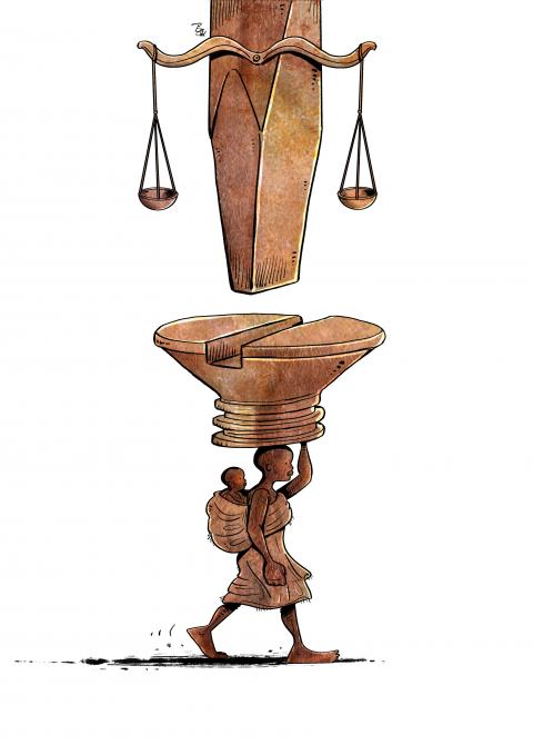 ​A mother and child walk a long path, carrying the heavy head of a screw, as a giant screwdriver with the scales of justice descends to begin its infinite turn.