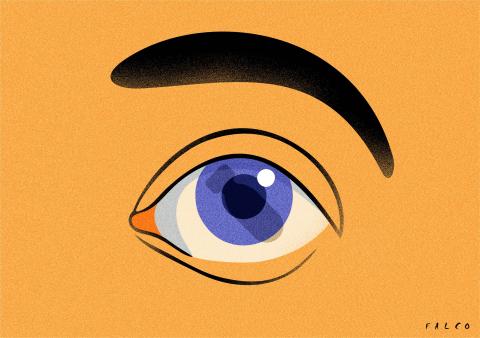 Cartoon showing a giant eye. Reflected in the eye is the silhouette of a falling bomb.