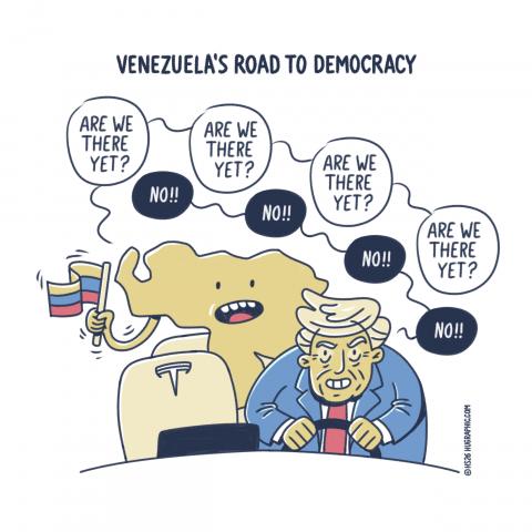 Cartoon showing Trump behind the wheel of a Tesla. Behind him is Venezuela, visualized as an outline of the country holding a Venezuelan flag. The caption of the cartoon reads: Venezuela’s road to democracy. Venezuela is asking ‘Are we there yet?, Are we there yet?, Are we there yet?, Are we there yet?’. Trump responds: ‘No!, No!, No!’