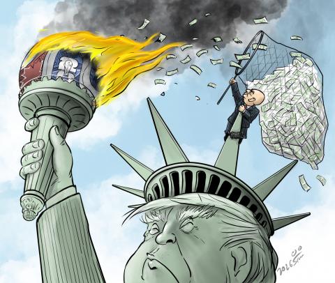 Donald Trump as Statue of Liberty burning a giant Football, Gianni Infantino catching the profitable Ashes.