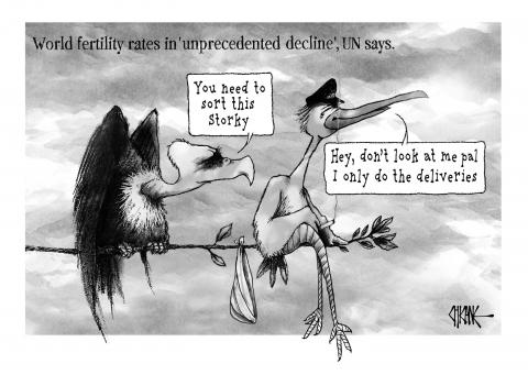 Vincent the vulture is telling Storky the stork that he needs to do something about the declining fertility rate, to which he replies,"Hey, don't look at me pal, I only do the deliveries."