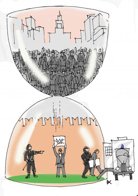 As in an hourglass people come out of the crowd one by one to protest and the police take them to the car 