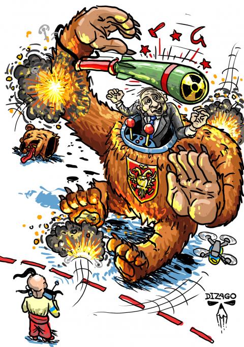 Putin, riding a massive headless bear, steers it with levers as it lumbers toward Ukrainian territory. But Ukrainian drones, guided by the SBU, throw him off balance — and the nuclear club he carries strikes him in the head. Small but sharply targeted explosions rattle him, leaving a visible impact.