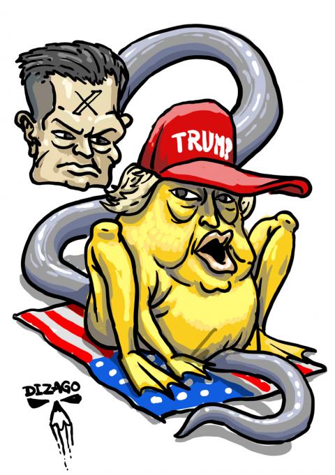 Illustration by Dizago (Maxim Murashko) shows Donald Trump as a giant toad sitting on the American flag, pinning down Elon Musk in the form of a snake. The snake writhes beneath him, ready to strike, but trapped. Trump appears indifferent, focused on his own comfort. The scene is an allegory of their absurd love-hate relationship, with America literally beneath them.