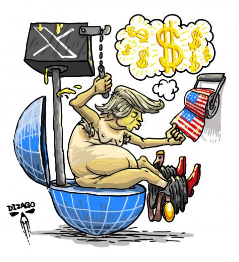 Trump defecates on the globe, reaches for toilet paper with the US flag, while broadcasting his thoughts via Musk’s social network. (147 characters)