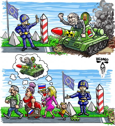 Putin threatens Europe from a tank, Europe signals him to stop — then lets in people carrying the same threat in their heads. (Dizago)