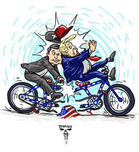 Trump and Elon Musk once pedaled in sync — now the tandem splits mid-ride. One pulls right, the other swerves off course, each blaming the other for the crash. (Dizago)