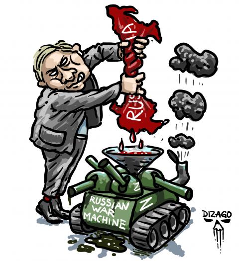 A caricature: Putin is squeezing juice out of the map of Russia to fuel tanks and missiles. Surrounding him are empty store shelves, ruined buildings, and suffering civilians. A symbol of national collapse in the name of a senseless war.