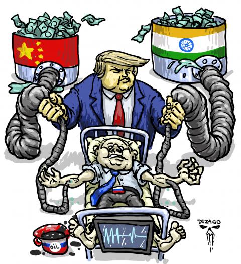 Dizago cartoon: Putin lies in a hospital bed connected to "IV lines" of money from China and India, while Trump cuts off these flows.