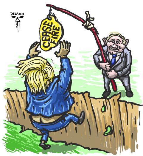 Political satire showing Trump endlessly chasing Putin’s dangling “ceasefire” bait, oblivious to the trap ahead. Dizago art