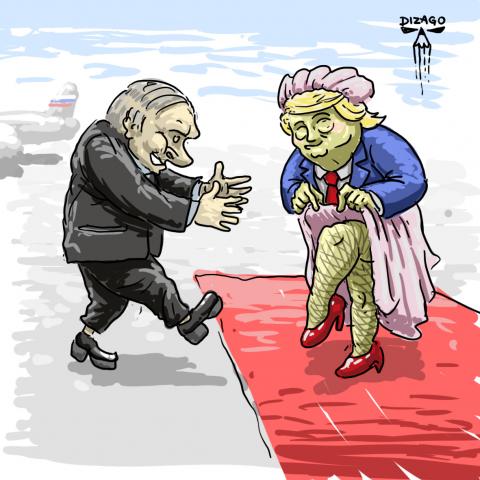 Political cartoon by Dezago showing a meeting between Vladimir Putin and Donald Trump in Alaska, where Trump is depicted as a bride on the red carpet and Putin is rushing towards him.