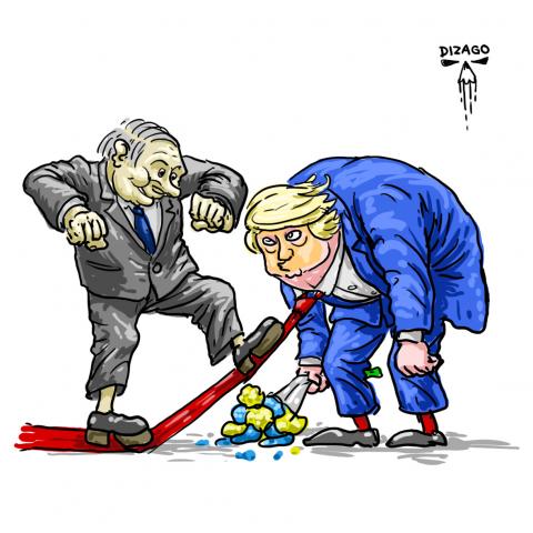 Political cartoon by Dezago showing a meeting between Vladimir Putin and Donald Trump in Alaska, where Putin is stepping on Trump’s tie and pinning him to the ground.