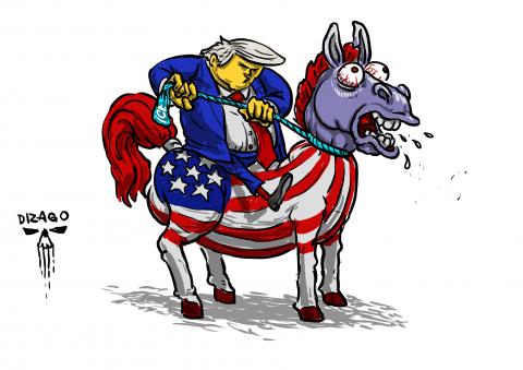 Trump on a load symbolizing America strangles her with a rope symbolizing ice.