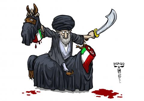 Ayatollah Hamanei sits on a decapitated horse, symbolizing Iran. The horse's head is in his hand, and the horse is wearing a khijab that obscures the flag's colors.