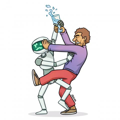 Cartoon by Zez Vaz depicting a robot and a human fighting for a glass of water.