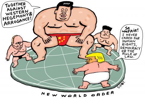 Cartoon showing Xi Jinping as a giant sumo wrestler, flanked by a much smaller Putin and Kim Jong Un. Their adversary is Donald Trump. Xi says: 'Together against Western hegemony & arrogance!' Trump replies: 'So unfair! I never cared for human rights, democracy or the rule of law.'
