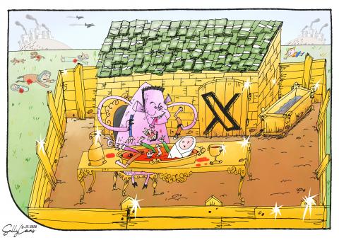 Cartoon showing Elon Musk as a pig in a golden pig pen, with a large pile of money bills in the background. He is sitting at a golden table, gorging himself with the dead bodies of people who are the victims of conflicts and wars around the world. In the background, we see more death and destruction.