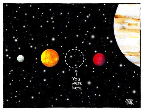 A cartoon of the solar system with planet Earth missing, captioned 'You Were here'.