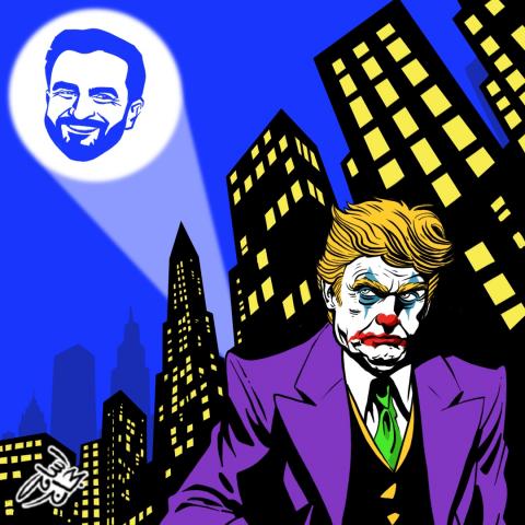 Cartoon showing Trump as the Joker in a night time New York City, looking up into the sky where we see a Batman sign not showing the Batman logo, but the face of Zohran Mamdani.