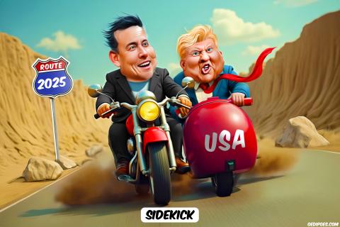 Trump and Musk riding a motorcycle together