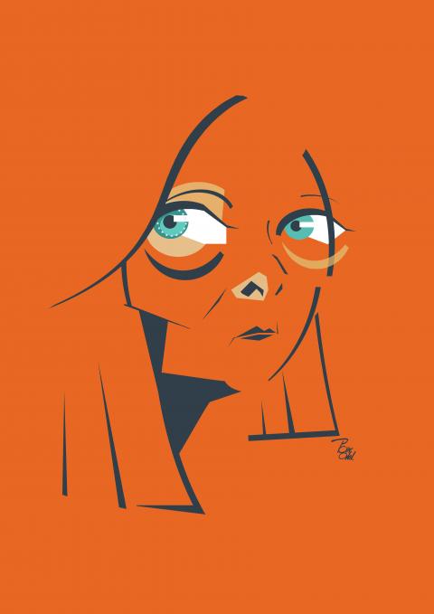 ​A conceptual editorial caricature of Giorgia Meloni, featuring stylized facial proportions and expressive line art against a solid orange background.