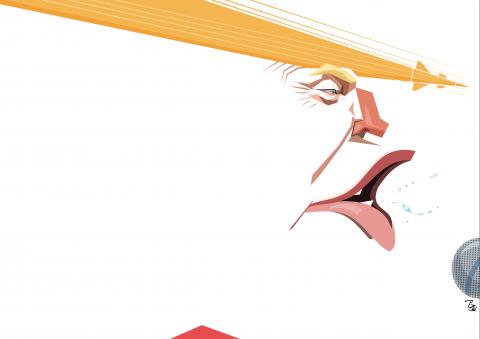 Conceptual profile caricature of Donald Trump where his hair transforms into a launching missile, featuring minimalist geometric shapes and sharp editorial lines