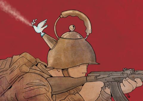 ​A conceptual cartoon of a soldier with a kettle-shaped helmet and a white peace dove serving as a resilient whistle, releasing steam against a red background.