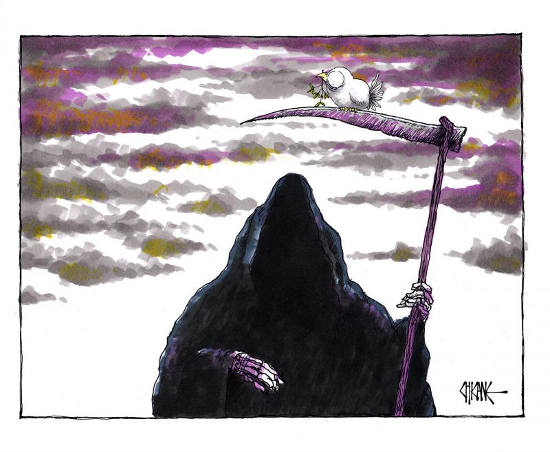 The Grim Reaper under a leaden sky has a cautious peace dove pearched on its scythe.