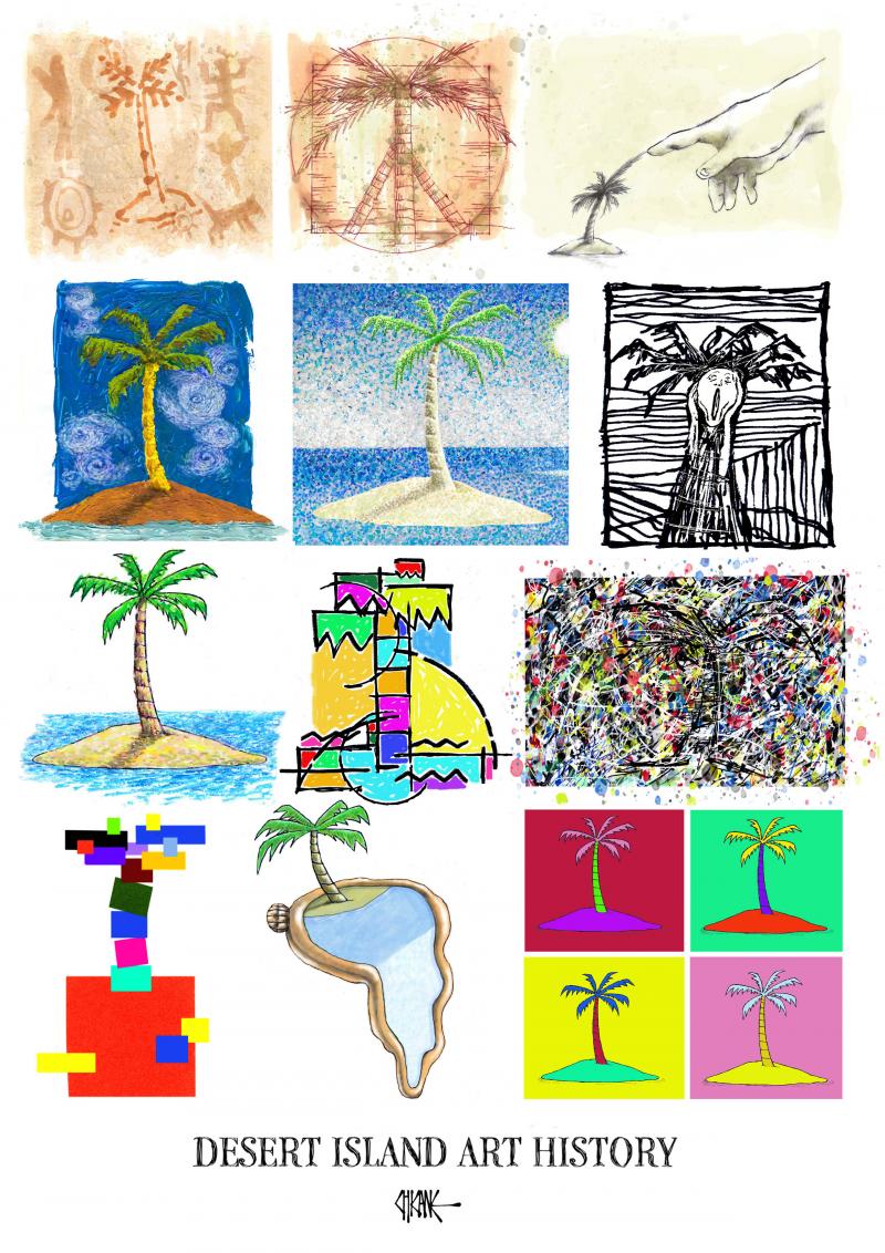 Montage of art styles with a desert island theme