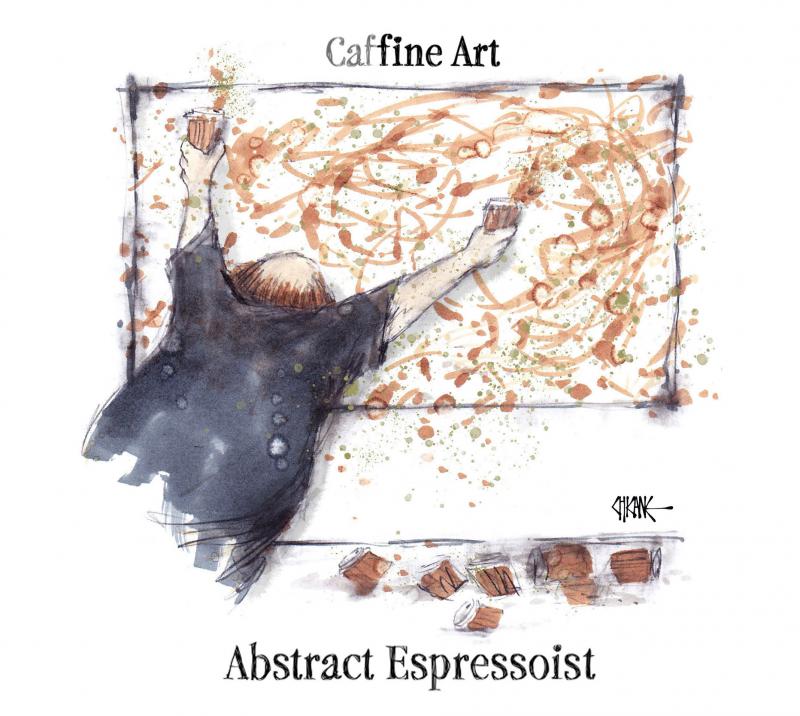  An 'abstract espressoist', a caffine artist, using coffee to cover his canvas, creating  contemporary artwork in the style of Jackson Pollock.