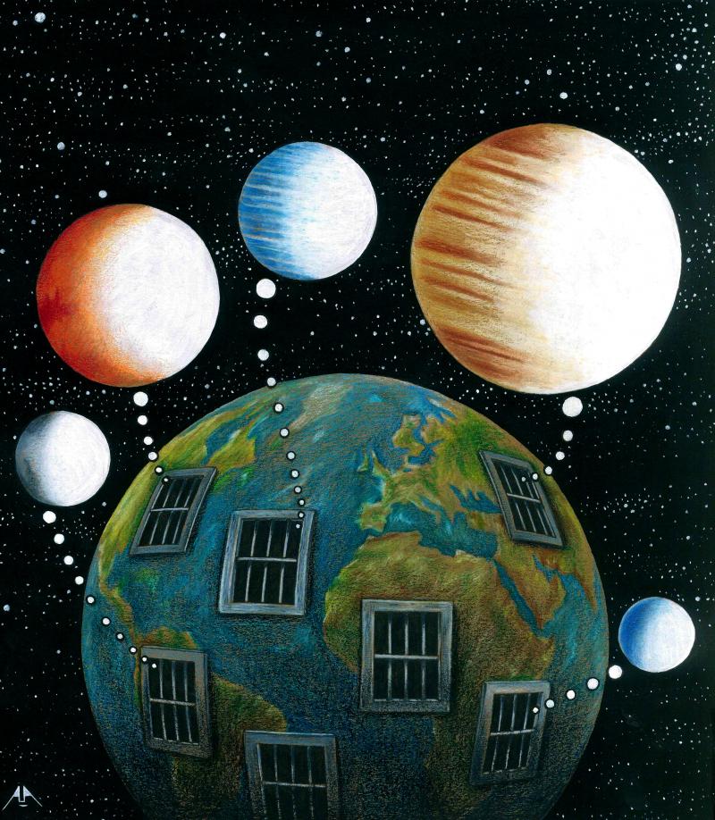 “This cartoon expresses that even if the world turns into a prison, free thought can never be imprisoned.