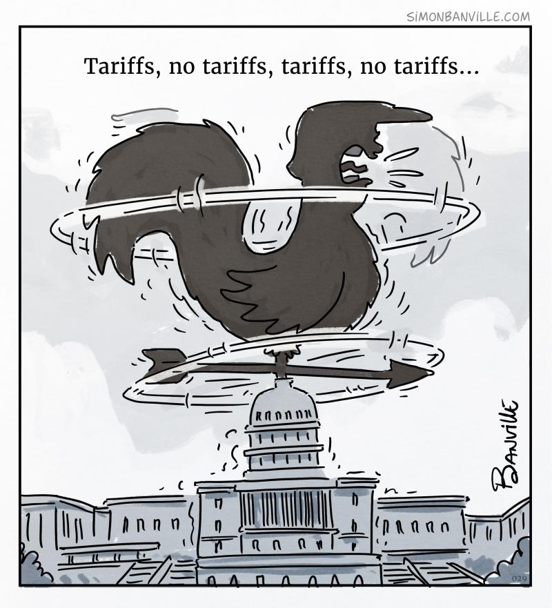 A political cartoon depicting a weathervane in the shape of a rooster, spinning wildly atop the U.S. White House. 