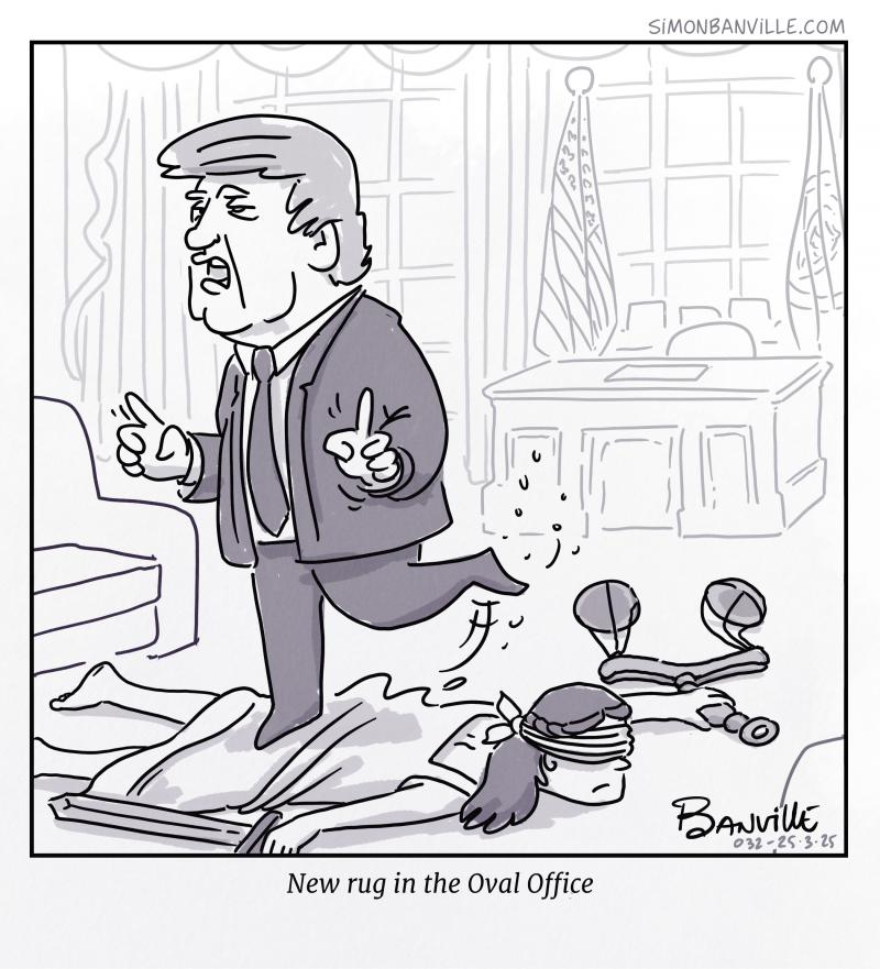 Trump cartoon trampling justice in the Oval Office. With the text "New rug in the Oval Office" at the bottom.