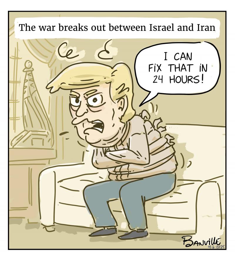  Political cartoon depicting Donald Trump in a straitjacket, suggesting his unconventional approach to international conflicts.