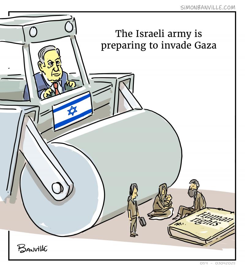 An Israeli army steamroller is about to crush people and Human Rights. 