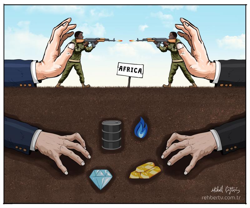 Cartoon showing two black soldiers standing and pointing guns at each other. Between them stands a sign that reads’ Africa’. They are being pushed closer to each other by giant white hands. Other giant white hands are delving into the ground to get at the precious metals and jewels that can be found there.
