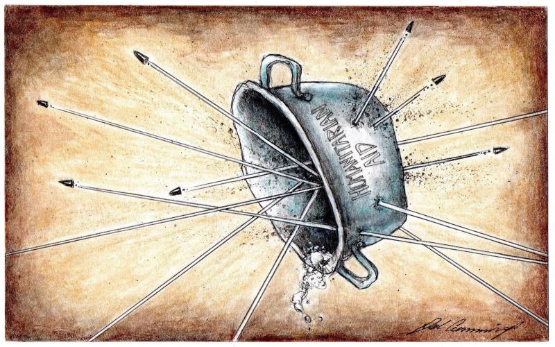 Gunfire blasting humanitarian aid food pot.