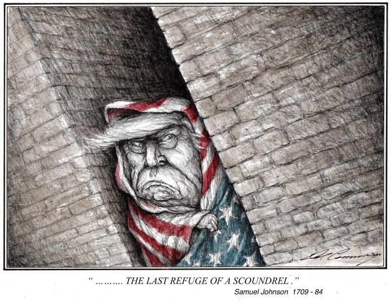 Donald Trump in an alley, wrapped in the flag.