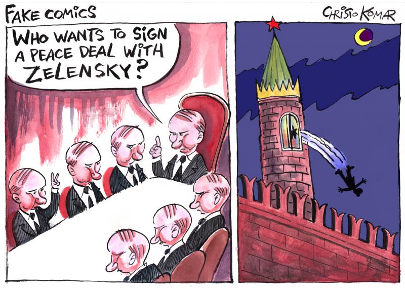 Cartoon with two panels. In the first panel, we see a table full of Putins. The Putin at the head of the table asks: ‘Who wants a peace deal with Zelensky?’. One of the Putins raises his hand. In the second panel we see the outside of the Kremlin and the silhouette of a man falling from the highest tower.