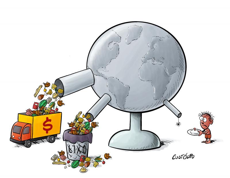 The image shows the Earth as a globe over a base, and we have three pipes coming out of the globe. From the left part of the globe, a thick pipe throw a lot food into a truck with a $ painted on it. Besides, a thinner pipe also throw  food into a trash can. In the right part of the globe, a very Tinny pipe throw no food at all, and a spider wire with a spider hanging from it. Standing at the end of that thinnest pipe we have a poor child with a sad face and an empty plate waiting for some food.