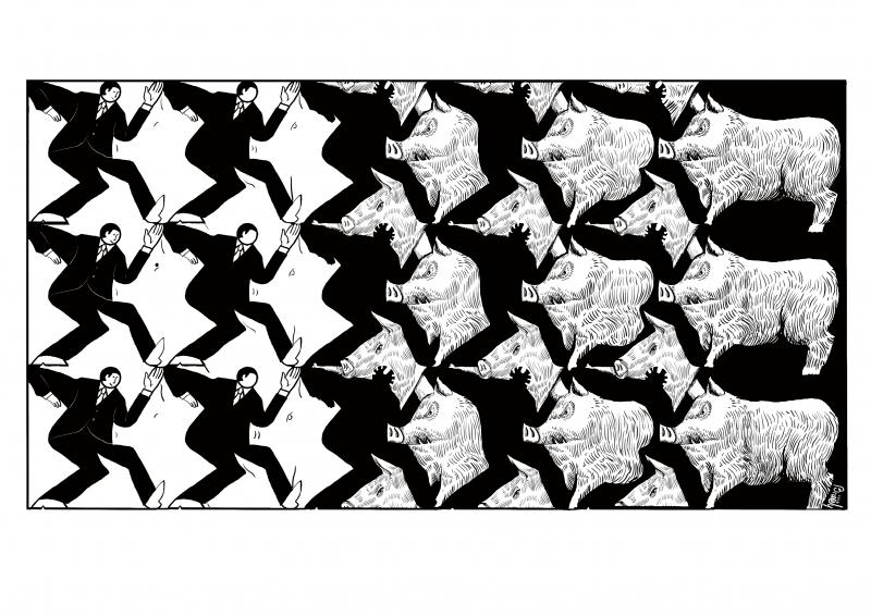Cartoon showing an Escher-like patter of dancing men slowly transforming into pigs.