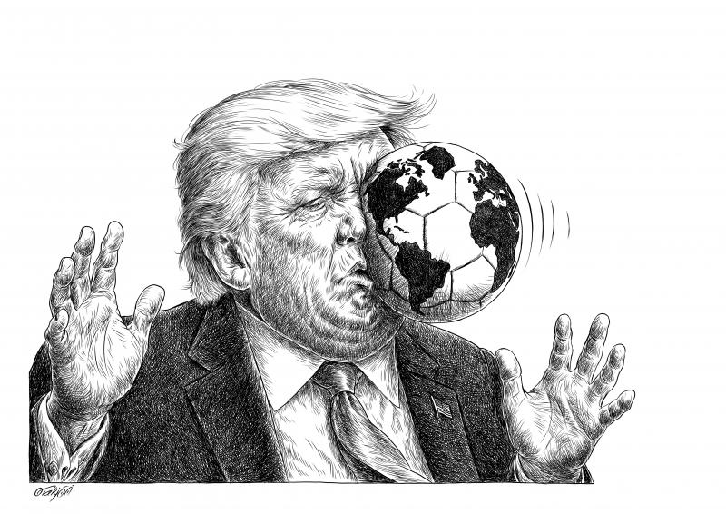 A close-up portrait of Donald Trump with a soccer ball patterned like the Earth forcefully pressed into his face, leaving a deep imprint against a white background.