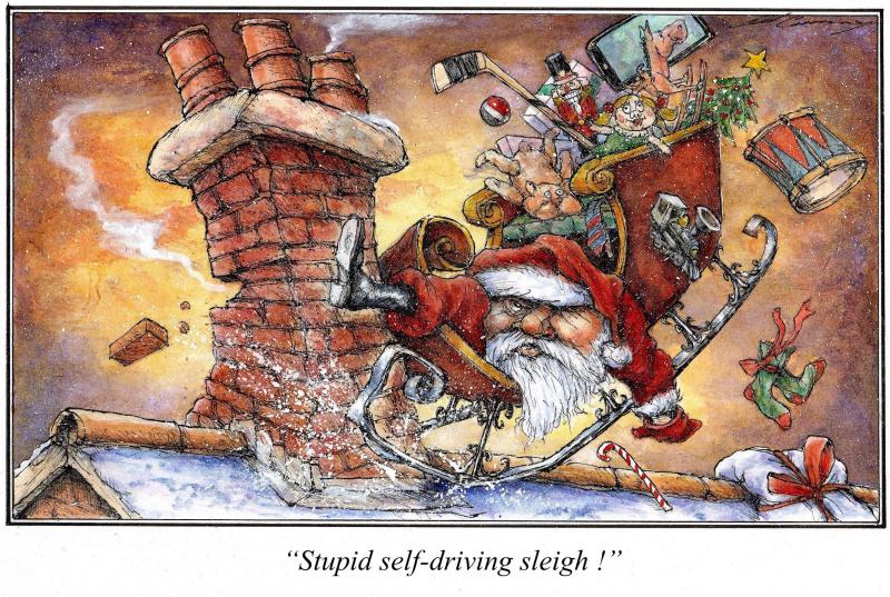 Santa Claus crashes self-driving sleigh into chimney.