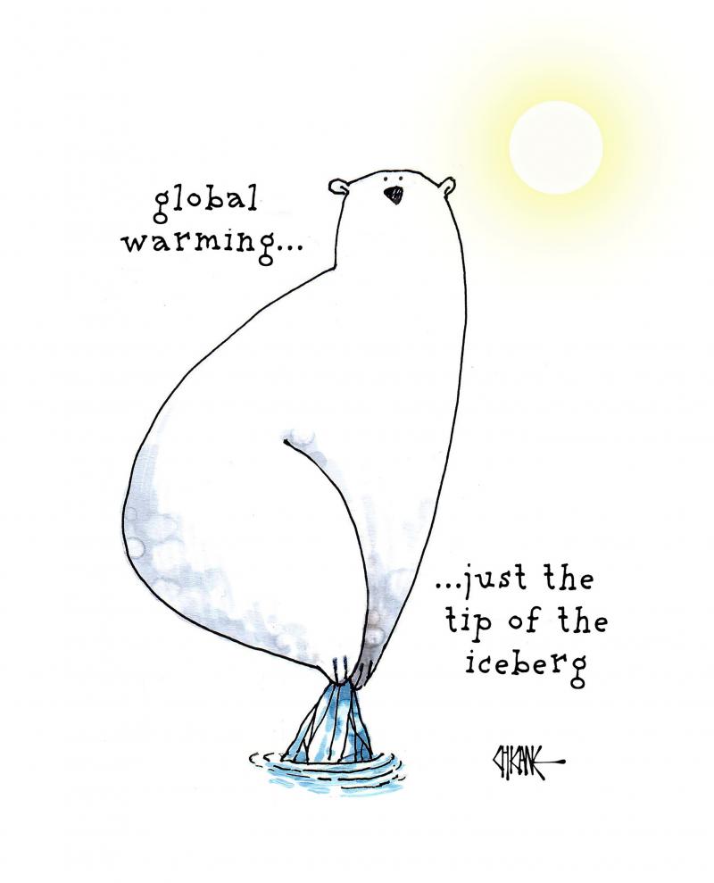 A concerned polar bear clings to the tip of an iceberg as the sun beats down.