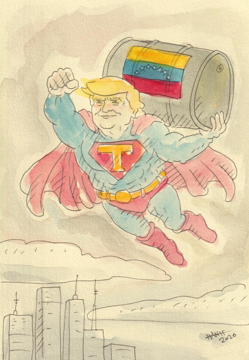 A cartoon of Donald Trump as a Superman like figure flying above a city, carrying an oil barrel marked with the Venezuelan flag