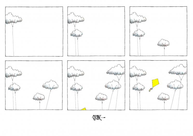 A series of panels with clouds attached to strings, as a yellow kite emerges , floating freely with no string.