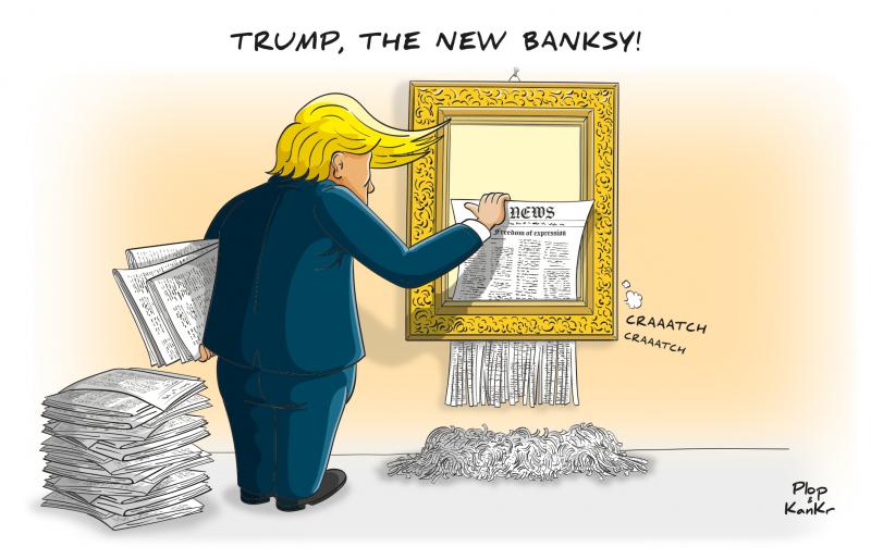 Cartoon showing Trump shredding a newspaper in a paper shredder that is mounted to a golden frame (like he famous Banksy artwork). Under his arm he carries more newspapers. The caption reads 'Trump, the new Banksy!'