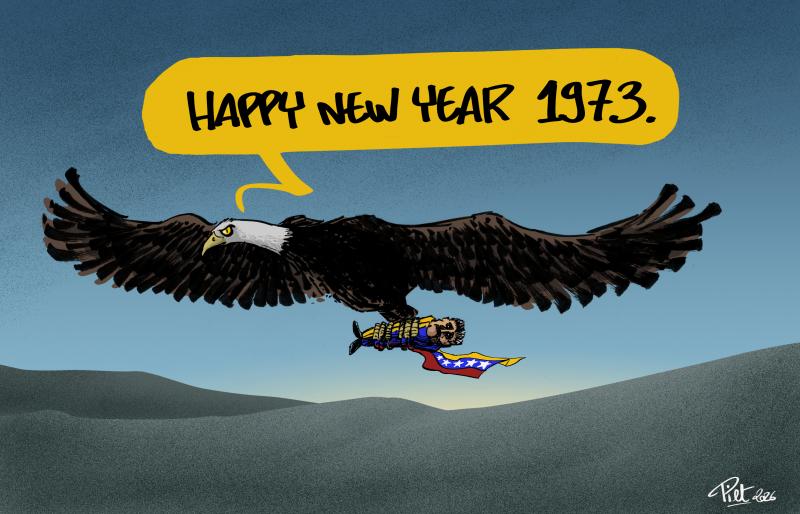 The American Eagle fying back home, holding Nicolas Maduro in his claws, saying "Happy New Year 1989"