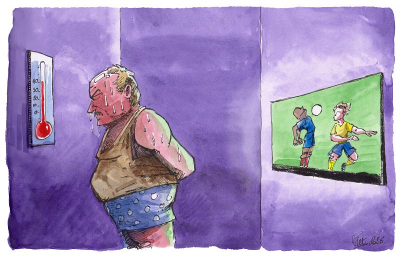 A man sweating in a tank top. In his back, the TV broadcasts a World Cup game. But he doesn't care and rather stares at the thermometer, which indicates more than 40°C.